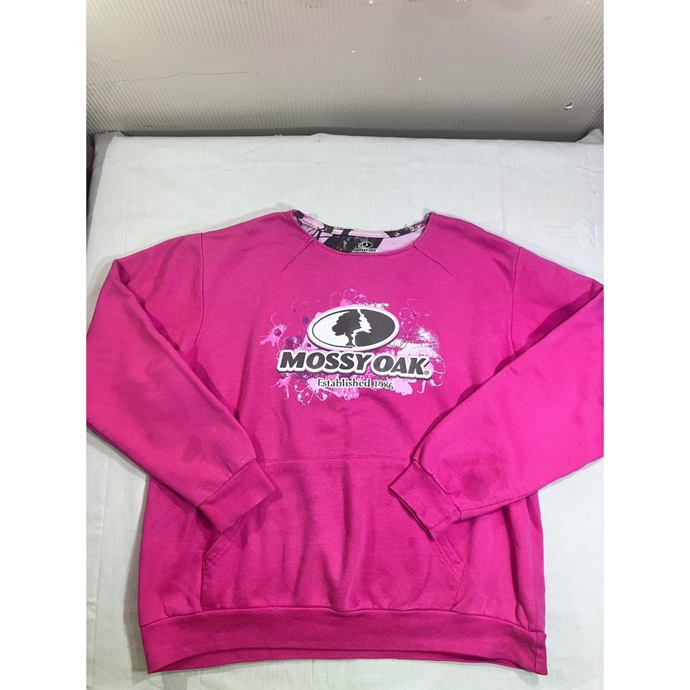 Mossy Oak Womens Pink Graphic Logo Crewneck Sweatshirt Pouch Pocket Large 12-14